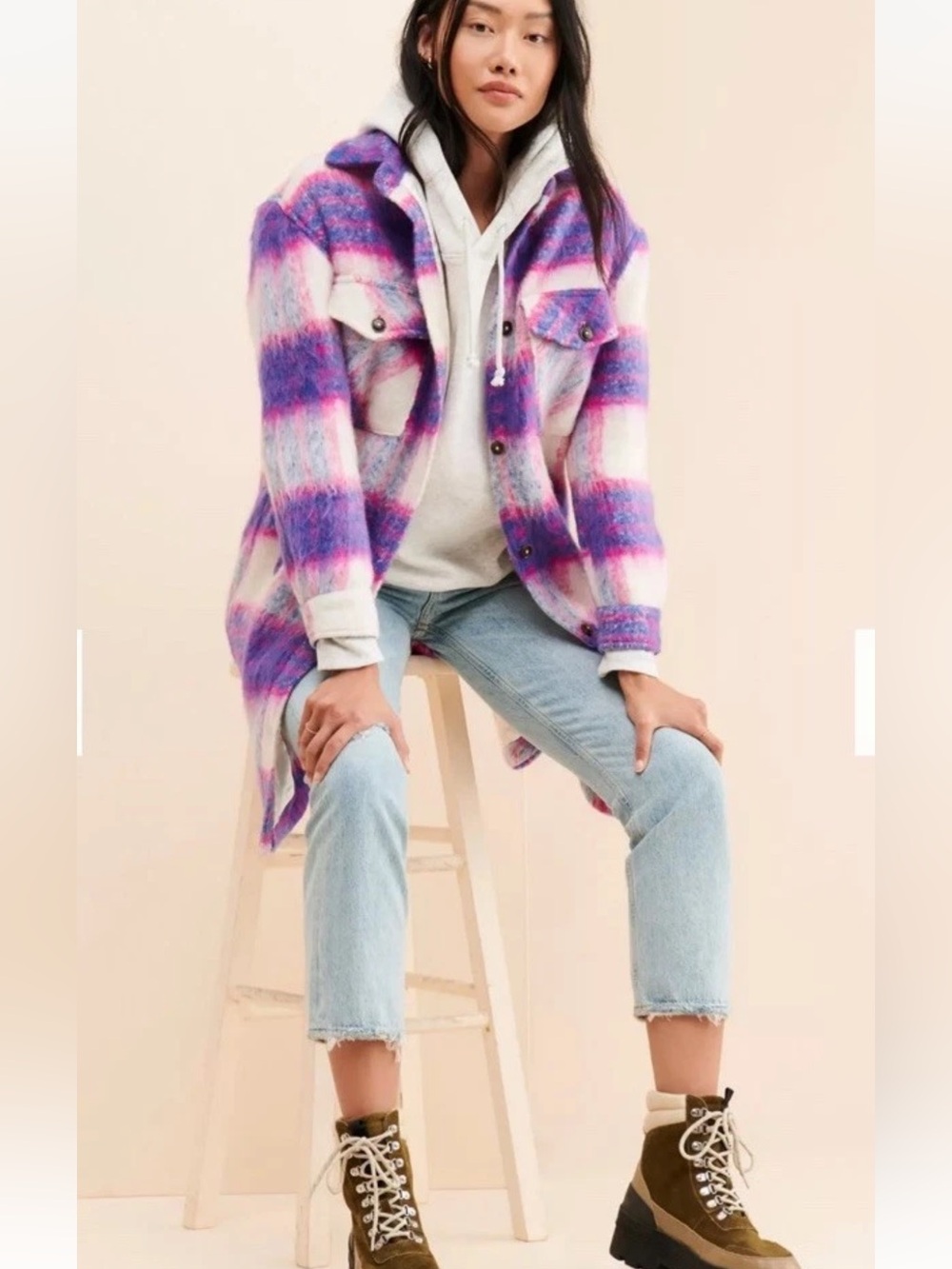 $158Anthropology BlankNYC Prime Time Plaid Jacket XS Pink Wool Blend Shacket - Picture 3 of 12